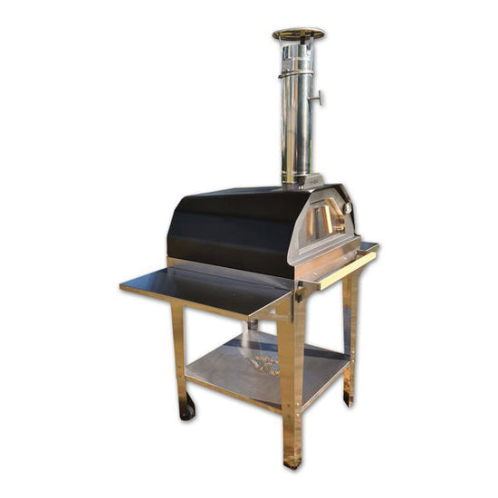 Four à Bois Brasa Noir avec Chariot Inox – Cuisson au Bois, 6-8 Personnes
