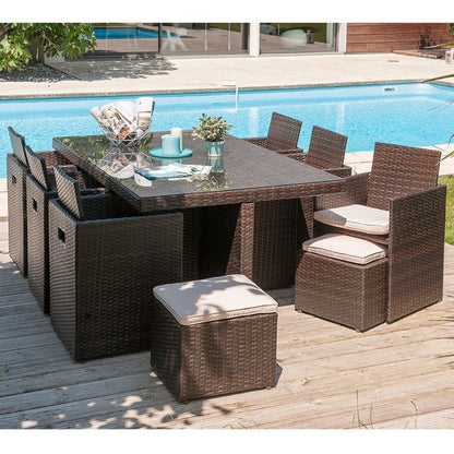 Salon de Jardin Empilable 10 Places – Résine Tressée, Table + Chaises + Poufs