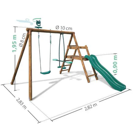 Portique en Bois MENTHE – SOULET – Balançoire, Vis-à-Vis, Toboggan – 3 à 12 Ans