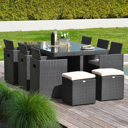 Salon de Jardin Empilable 10 Places – Résine Tressée, Table + Chaises + Poufs