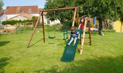 Portique en Bois MENTHE – SOULET – Balançoire, Vis-à-Vis, Toboggan – 3 à 12 Ans